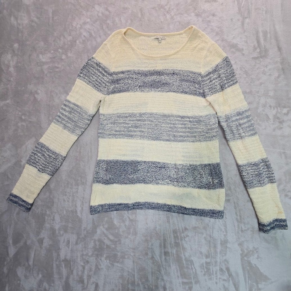 Calvin Klein Jeans Womens L Striped Knit Sweater Navy Blue Cream Scoop Neck LS